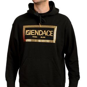 Fendace Men's Black&Gold New Logo Embroidery Hooded Sweatshirt Hoodie US M IT 50